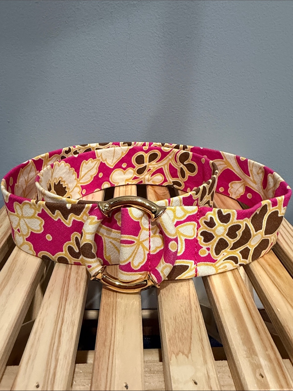 J.Crew Floral Fabric Belt Pink Brown Gold Statement Buckle Boho Preppy S/M